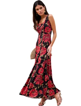 Vestido largo estampado con escote cuadrado - MIPHAI - FashionsVida