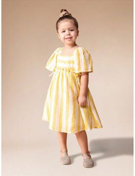 Vestido midi de manga de volante a rayas para niñas de verano con cintura elástica y escote cuadrado para ocasiones casuales y vacaciones