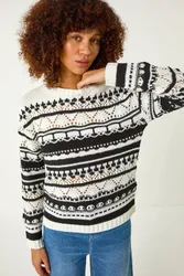 Contrast Pointelle Knit Jumper - Black - Size: 20