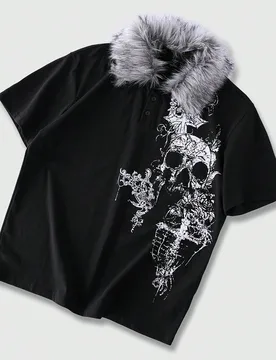 Camisa polo de manga corta casual y versátil con estampado de calavera y patchwork de felpa para hombre - Shein - FashionsVida