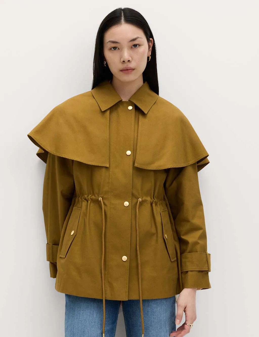Pure Cotton Waisted Collared Cape Coat Moss female - M&S - FashionsVida
