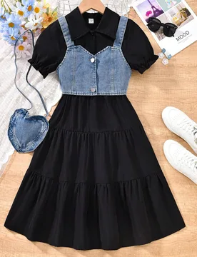Conjunto de 3 piezas para niñas preadolescentes: blusa vestido, chaleco de mezclilla y mochila de mezclilla, conjunto casual de primavera/verano, par - Shein - FashionsVida