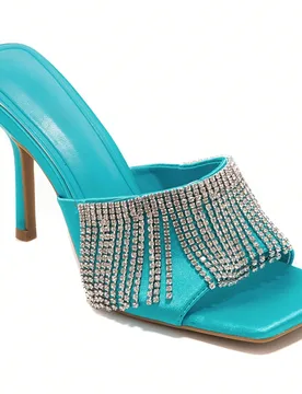 Sandalias de tacón alto elegantes y de moda con decoración de flecos y cristales para el verano - Shein - FashionsVida
