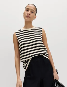 Cotton Rich Striped Slim Fit Knitted Top Black Mix female - M&S - FashionsVida