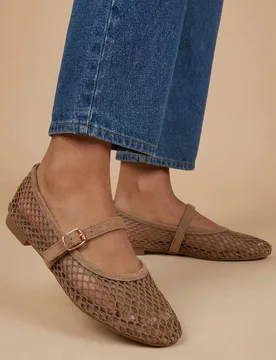 Women's Tilly Mesh Mary-Jane Faux Leather Ballet Pumps in Beige Size: 5 - Beige - Size: 5 - OASIS - FashionsVida