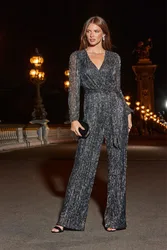 Womens Silver Sparkle Plisse Wrap Front Wide Leg Jumpsuit - Size 14 Short