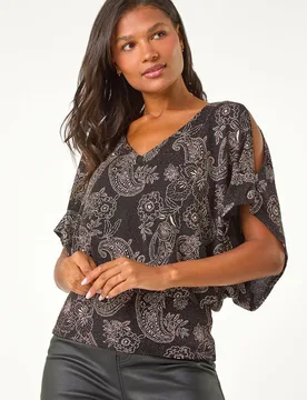 Women's Glitter Print Banded Hem Stretch Top in Black Size: 20 - Black - Size: 20 - Roman - FashionsVida