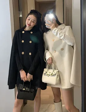 Double Breasted Women Cape Coat Faux Woolen Loose Solid Female Overcoat 2024 Fashion Spring Poncho Elegant Lapel Lady Jacket - Aliexpress - FashionsVida