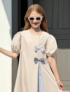 Vestido de línea A para niña preadolescente con tejido de unicolor, patchwork a rayas y decoración de lazo, adecuado para viajes, vacaciones, estil - Shein - FashionsVida