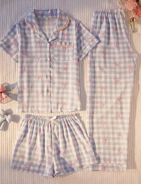 Piezas Conjunto de pijama suelto y cómodo con estampado de cuadros y lazos para mujer, con bolsillos, blusa de manga corta y pantalones cortos/largos - Shein - FashionsVida