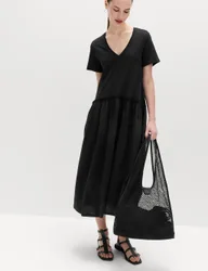 Jersey V-Neck Midi Drop Waist Dress Black female