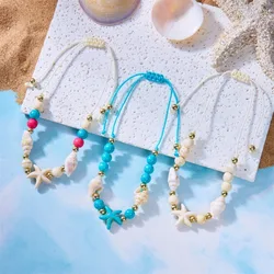 Bohemian Coastal Style Stackable Bracelets, Colorful Bead Starfish Conch Handmade Adjustable Beach Anklet Bracelet Jewelry