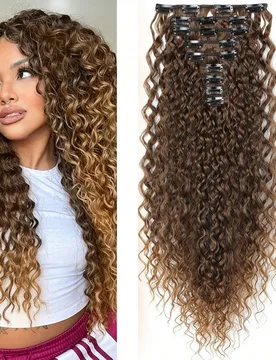 Extensiones de clip de cabello rizado de fibra sintética marrón, 9 piezas de doble capa, juego de paquetes de cabello rizado de fibra sintética res - Shein - FashionsVida