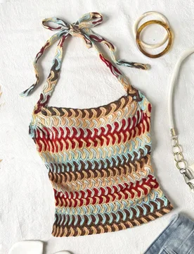 Top de punto de tirantes con cuello halter a rayas para niñas preadolescentes - Shein - FashionsVida