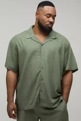 Herren Plus Oversize Kurzarm-Hemd Aus Leinen-Mix Olive Größe 3XL