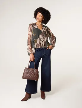 Printed Mesh V Neck Puffball Top - S/M / KHAKI - female - Blue Vanilla - FashionsVida