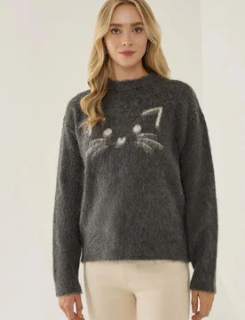 Womens Relaxed Fit Cute Kitty Sweater - Grey - Hiccup - FashionsVida