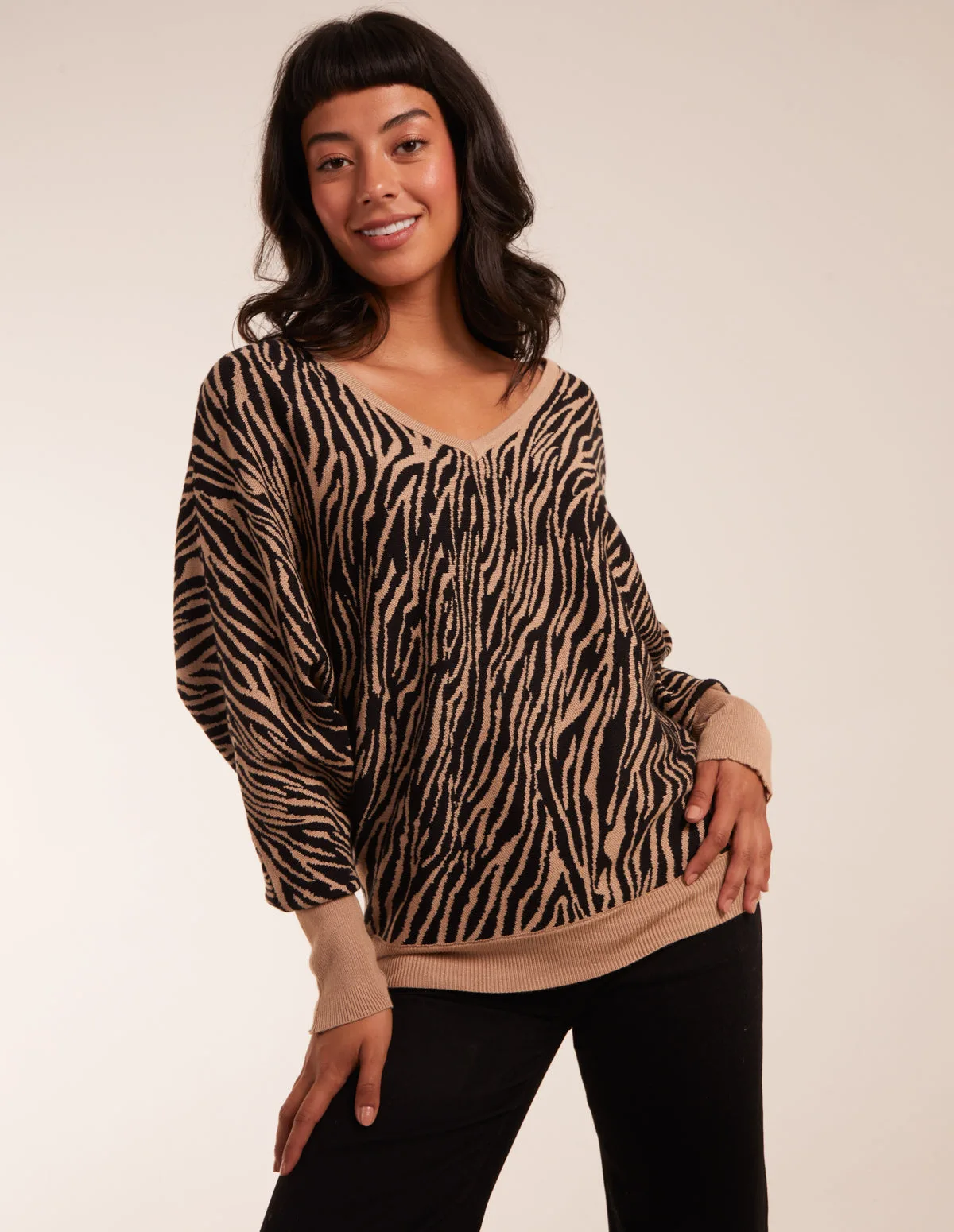 Zebra V-Neck Jumper - S/M / STONE - female - Blue Vanilla - FashionsVida