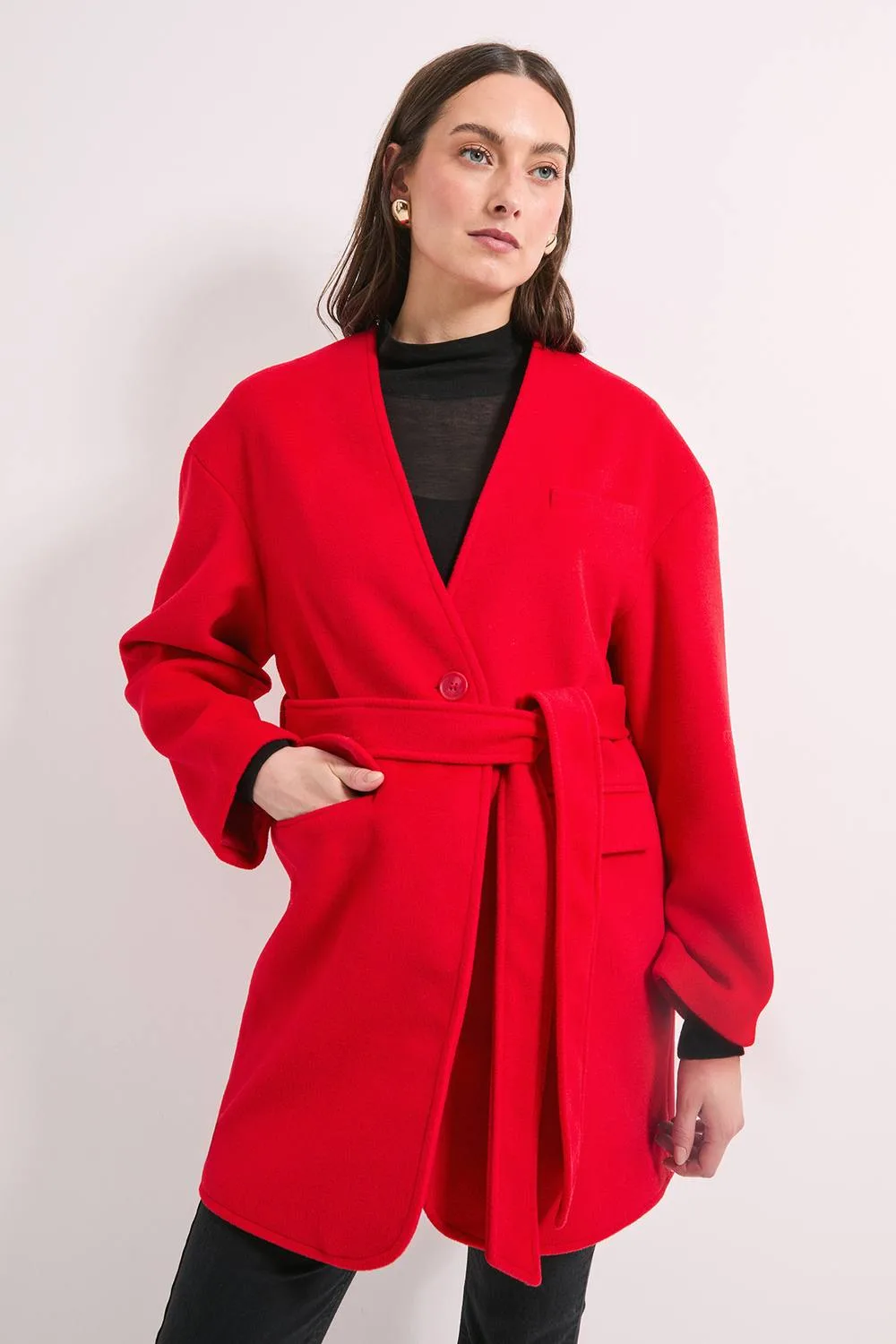 Principles by Wallis Collarless Belted Wrap Coat - Red - Size: 18 - Debenhams - FashionsVida