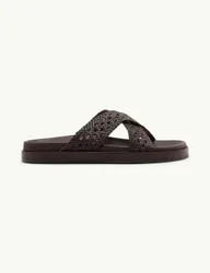 Leather Weave Cross Strap Sliders Brown female