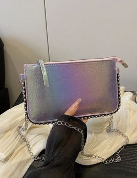 Bolso de hombro cruzado de mujer con parches, cuentas y cadena, bolso de mano tipo sobre de fiesta vintage con efecto láser de metal falso en colores