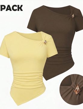 Camisetas de 2 piezas con dobladillo asimétrico y fruncido para niñas preadolescentes – Tops de manga corta con estilo que presentan detalles deco