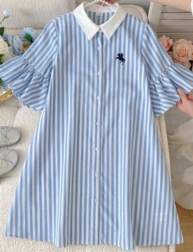 Vestido de estilo camisa con cuello para niña preadolescente, blanco, con delicado bordado de logotipo pequeño, estampado de patrón, patchwork a ra