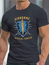 Airborne Special Forces Graphic with Blue Shield&Lightning Bolts Design-100% cotton O-neck short sleeve printed men's T-shirt
