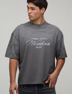 Mens Charcoal Oversized Boxy Spray Wash Print T-Shirt Cotton - Size Large - boohooMAN - FashionsVida