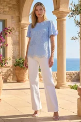 Womens Panelled Lace Puff Sleeve Top - Blue - Size 12 Uk