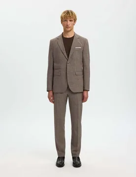 Blazer Selected marrone in tessuto di misto lana e lino stretch con chiusura monopetto - Homme - FashionsVida