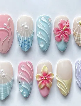 Uñas Postizas de Lujo Pastel Sirena, Uñas Falsas Largas de Almendra Esculpidas a Mano con Relieve 3D, con Detalles de Concha Marina, Flor de Hibisco - Shein - FashionsVida