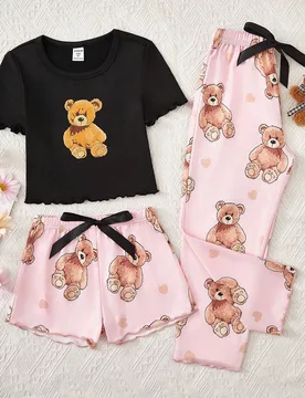 Nuevo conjunto de ropa informal de 3 piezas para uso en casa para chicas jóvenes con pantalones cortos y pantalones de peluche con estampado de oso y - Shein - FashionsVida