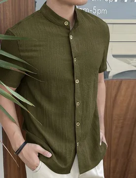 Camisa tejida de manga larga y cuello mao casual para hombre - Shein - FashionsVida