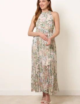 Women's Green Printed Pleated Dress With Belt Size: Small/Medium - Green - Size: S/M - Blue Vanilla - FashionsVida