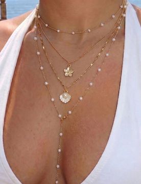 Juego de 4 collares largos multicapa para mujer, estilo elegante y versátil de vacaciones en la playa, con diseño floral y perlas, adecuado para acc