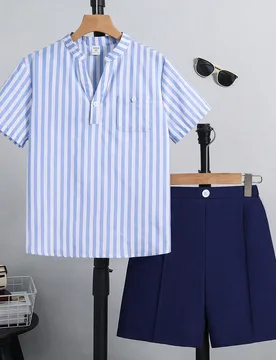 Conjunto casual para niño preadolescente con camiseta de baile de manga corta y cuello en V y pantalones cortos abotonados, multicolor coordinado, f? - Shein - FashionsVida