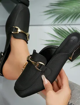 Zapatos mule de media punta con hebilla de metal para mujer, mocasines de punta cuadrada con grano de lichi, elegantes zapatos planos sin espalda para - Shein - FashionsVida