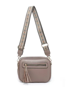 Tassel Two Zipped Sections Canvas Strap Cross Body Bag - Khaki - Size: One Size - JFY - FashionsVida