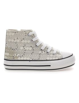 Sneakers alte bianche con pizzo e paillettes E106 33