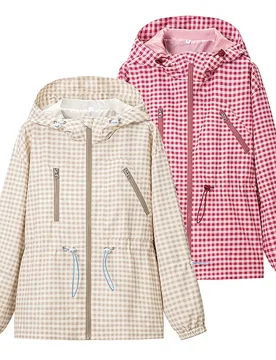 Gingham Plaid Hooded Jacket Drawstring Waist Zip Pockets Elastic Cuff Lightweight Loose Casual Outdoor Women Trench Coat 260602 - Aliexpress - FashionsVida