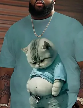 Camiseta de manga corta casual de talla grande para hombres, con estampado de gato lindo, diseño transpirable y único - Shein - FashionsVida