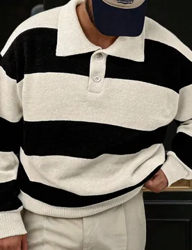 Suéter de punto de ajuste ceñido, estilo coreano casual, con cuello polo, a rayas y contraste de colores, ligero, para otoño/invierno - Shein - FashionsVida