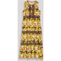 Vestido largo sin mangas con estampado floral y detalles de encaje