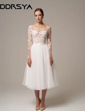 RODDRSYA A-Line Appliques Wedding Dress Long Sleeve Tulle Tea-Length Bridal Gowns Backless Buttons vestidos de novia Customized - Aliexpress - FashionsVida