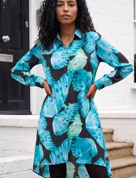 Women's Abstract Print High Low Shirt Dress in Blue Size: 10 - Blue - Size: 10 - Roman - FashionsVida