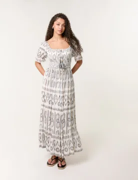 Milkmaid Shirred Square Neck Midi Dress - S/M / IVORY - female - Blue Vanilla - FashionsVida