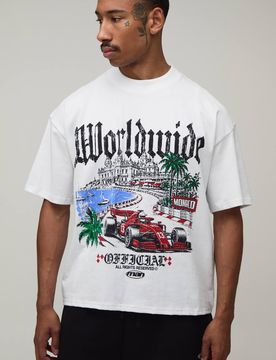 Herren Weißes Übergroßes Kastenförmiges T-Shirt Mit Monaco-Rennsport-Print White Größe Small