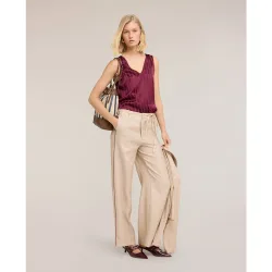 Pantalones de mujer palazzo de crepón ajuste ancho cierre frontal con botones y cremallera