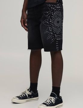 Herren Entspannte Strass-Jeansshorts Mit Rohem Saum Washed Black Größe 28